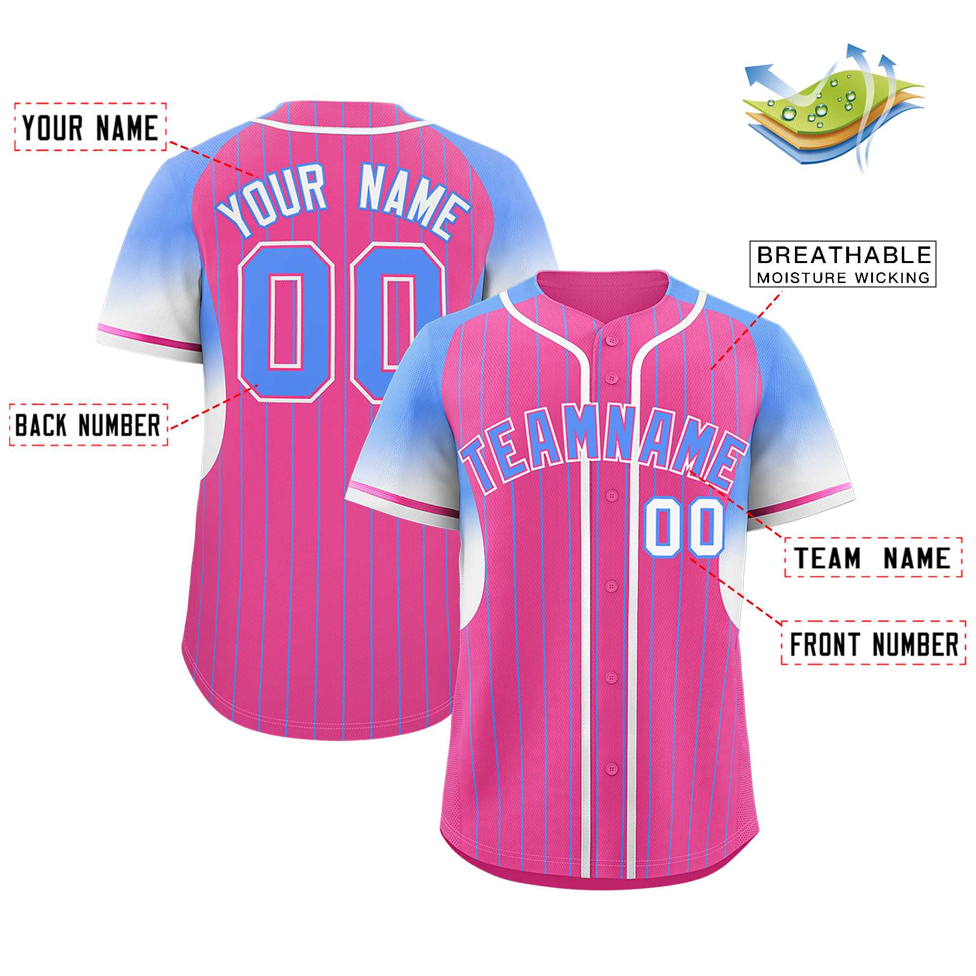 Custom Pink Powder Blue Stripe Fashion Sleeves Gradient Authentic Baseball Jersey