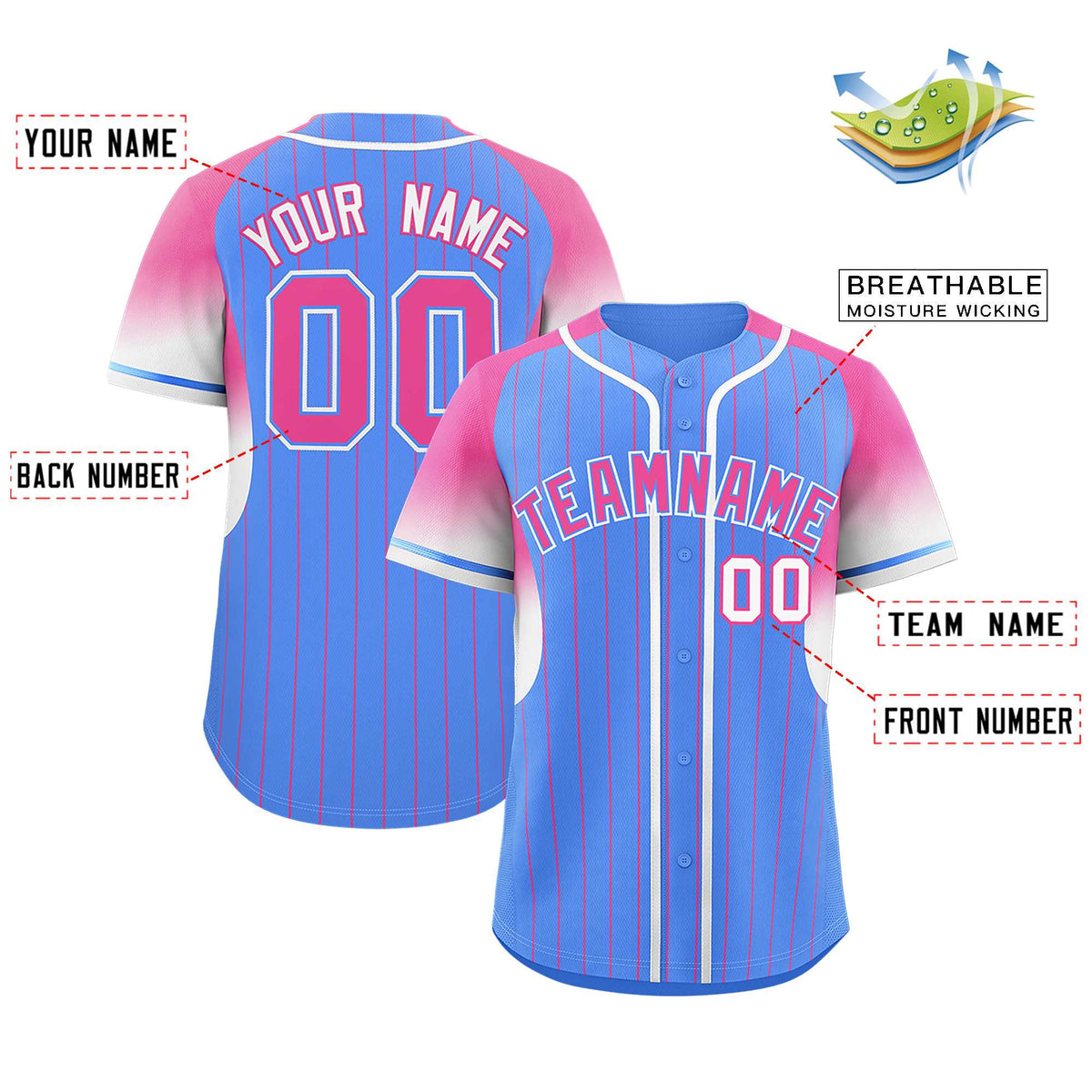 Custom Powder Blue Pink Stripe Fashion Sleeves Gradient Authentic Baseball Jersey