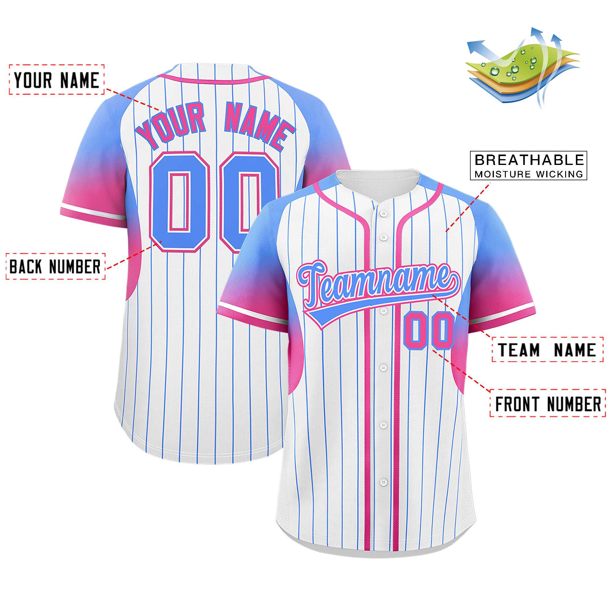 Custom White Powder Blue Stripe Fashion Sleeves Gradient Authentic Baseball Jersey