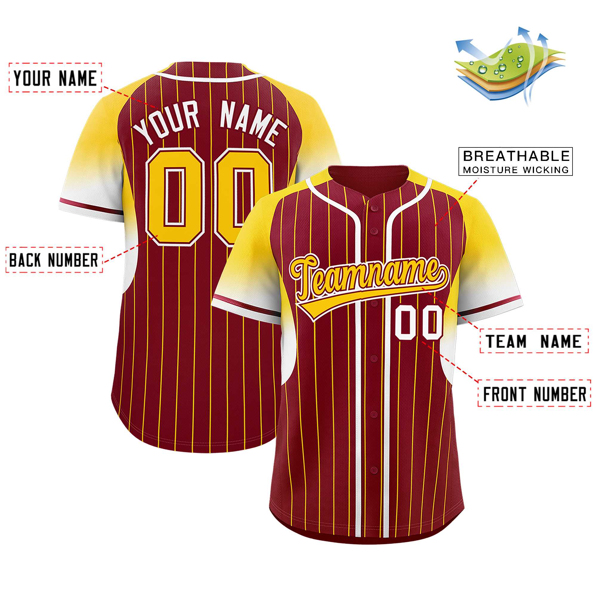 Custom Crimson Gold Stripe Fashion Sleeves Gradient Authentic Baseball Jersey