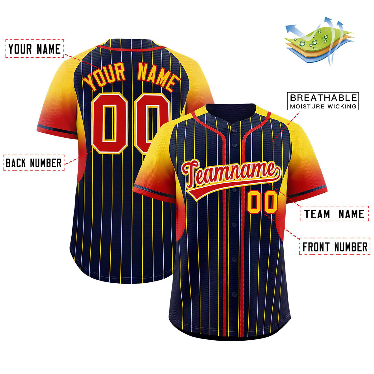 Custom Navy Gold Stripe Fashion Sleeves Gradient Authentic Baseball Jersey