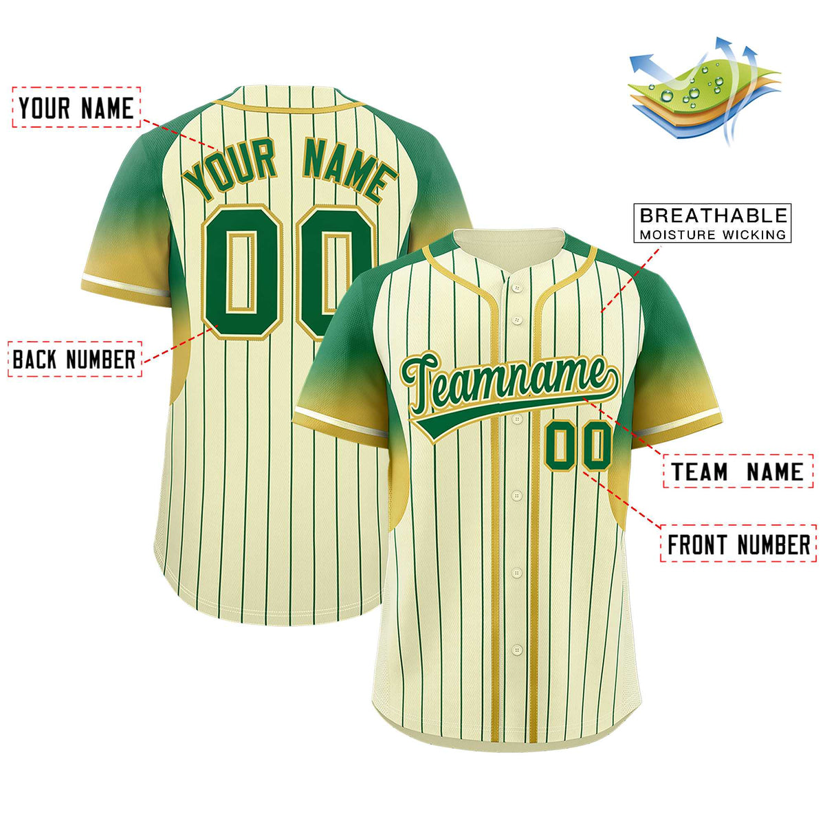 Custom Cream Kelly Green Stripe Fashion Sleeves Gradient Authentic Baseball Jersey