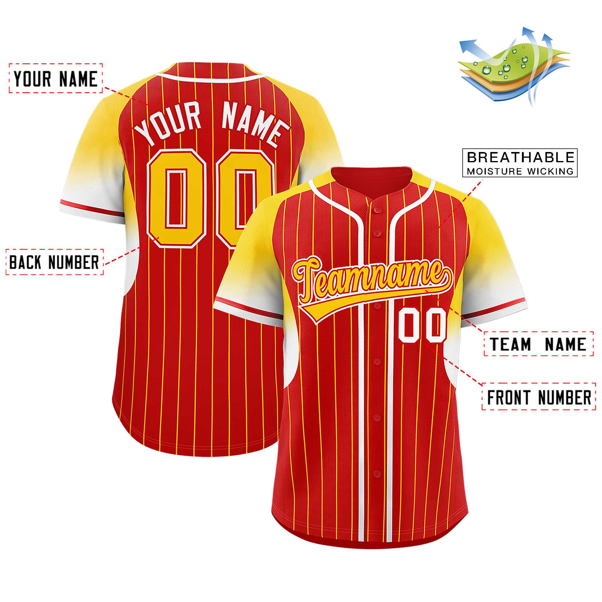 Custom Red Gold Stripe Fashion Sleeves Gradient Authentic Baseball Jersey