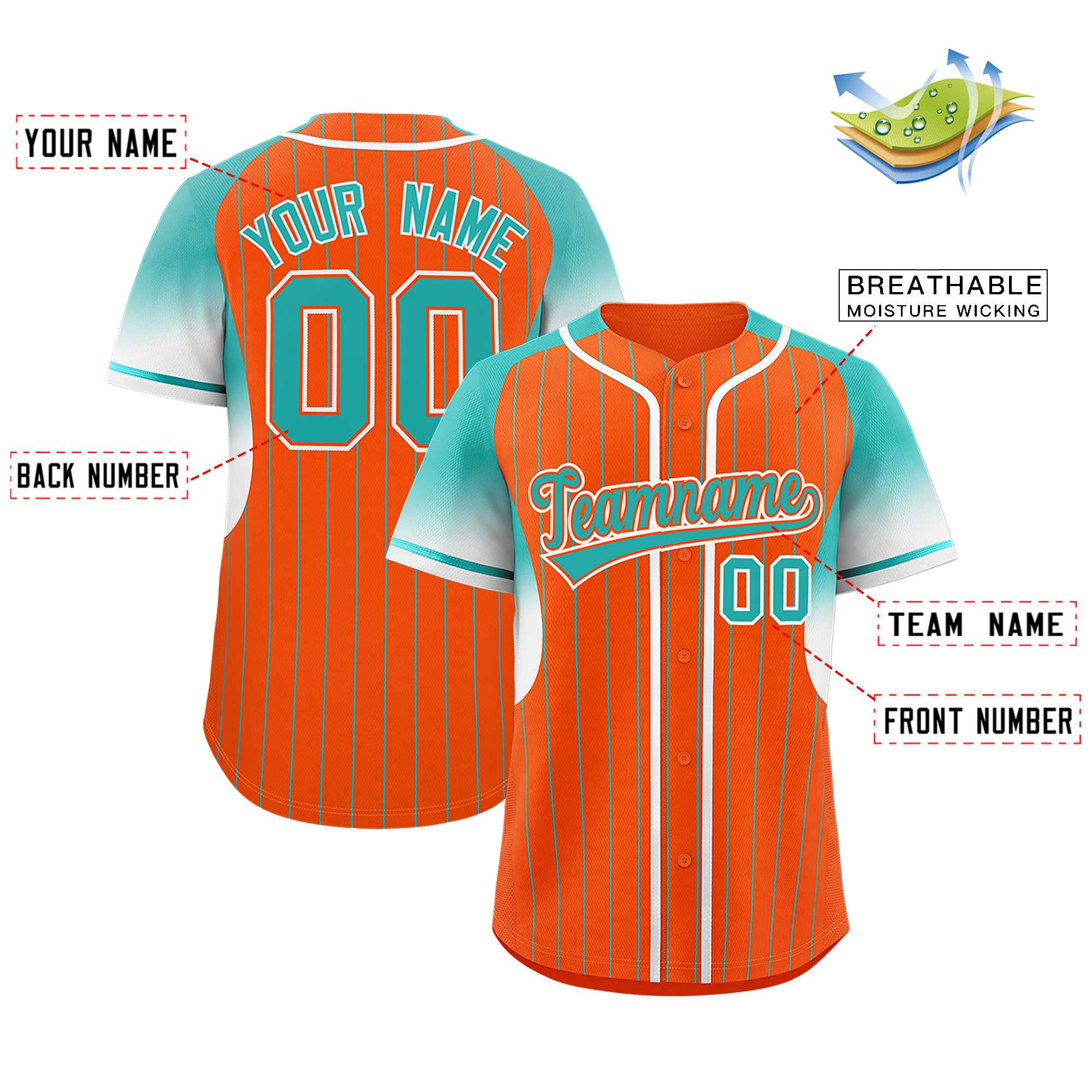 Custom Orange Aqua Stripe Fashion Sleeves Gradient Authentic Baseball Jersey