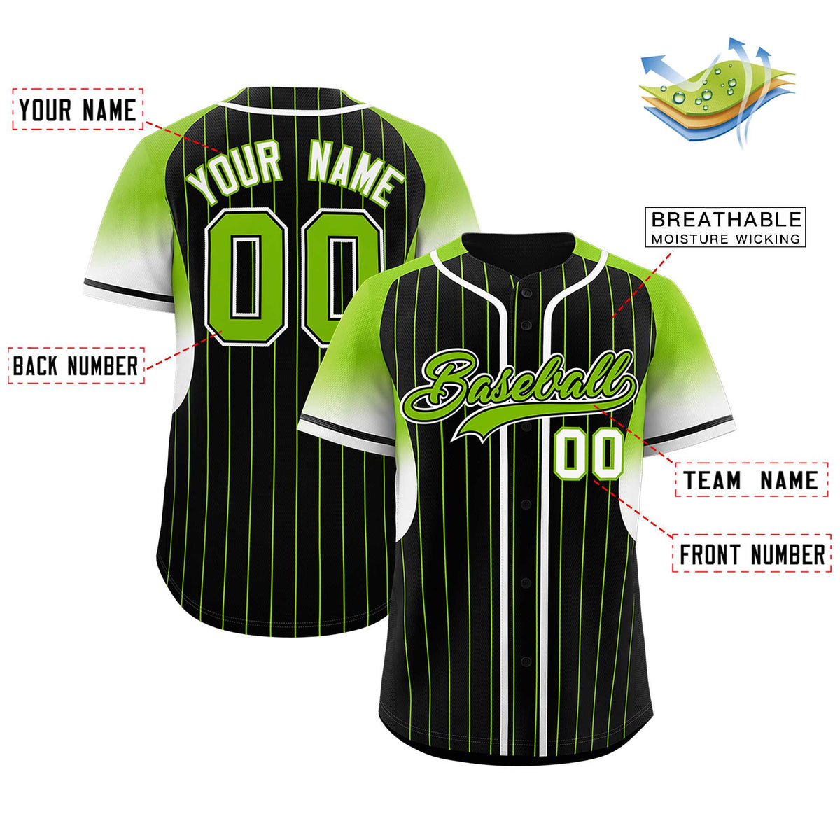 Custom Black Neon Green Stripe Fashion Sleeves Gradient Authentic Baseball Jersey