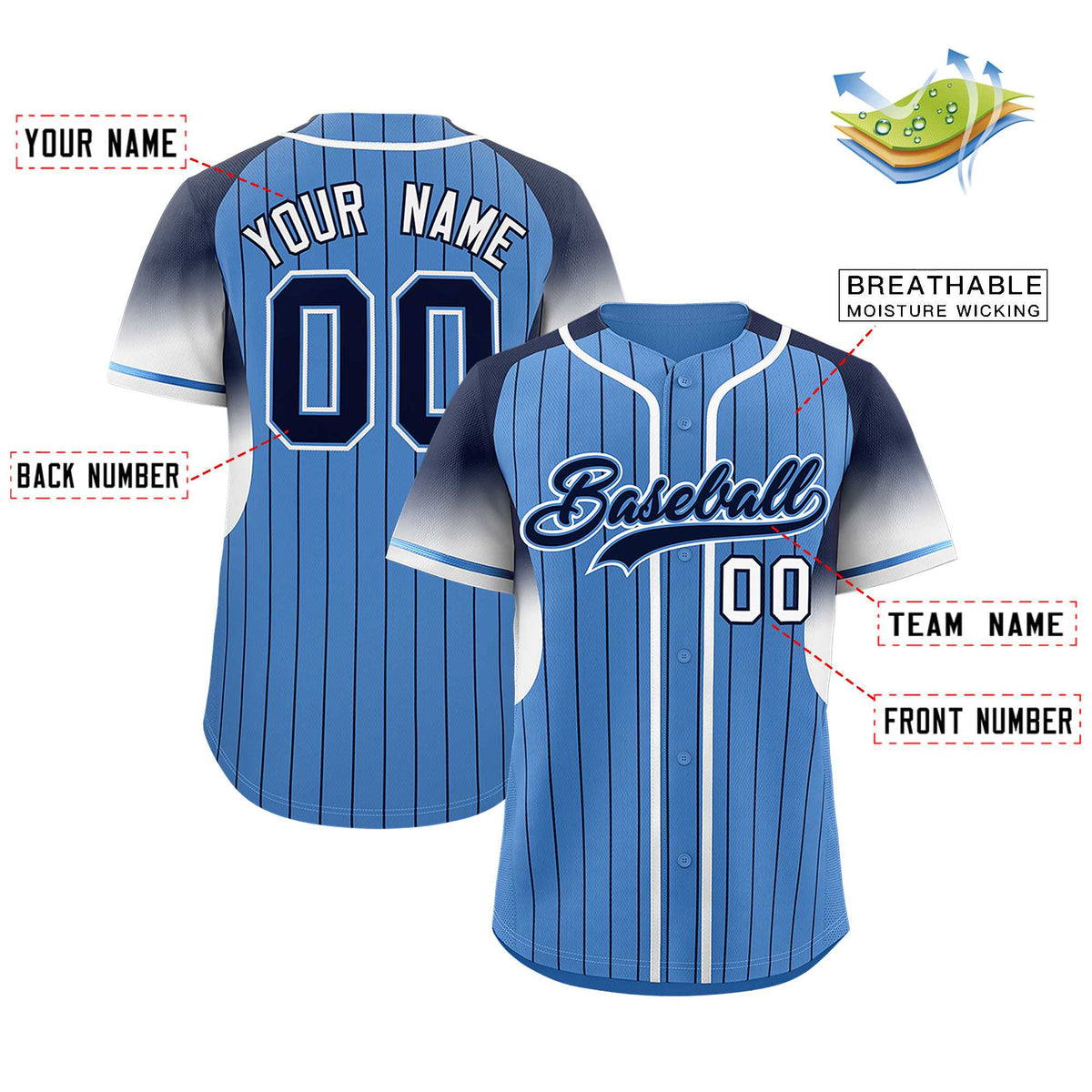 Custom Light Blue Navy Stripe Fashion Sleeves Gradient Authentic Baseball Jersey