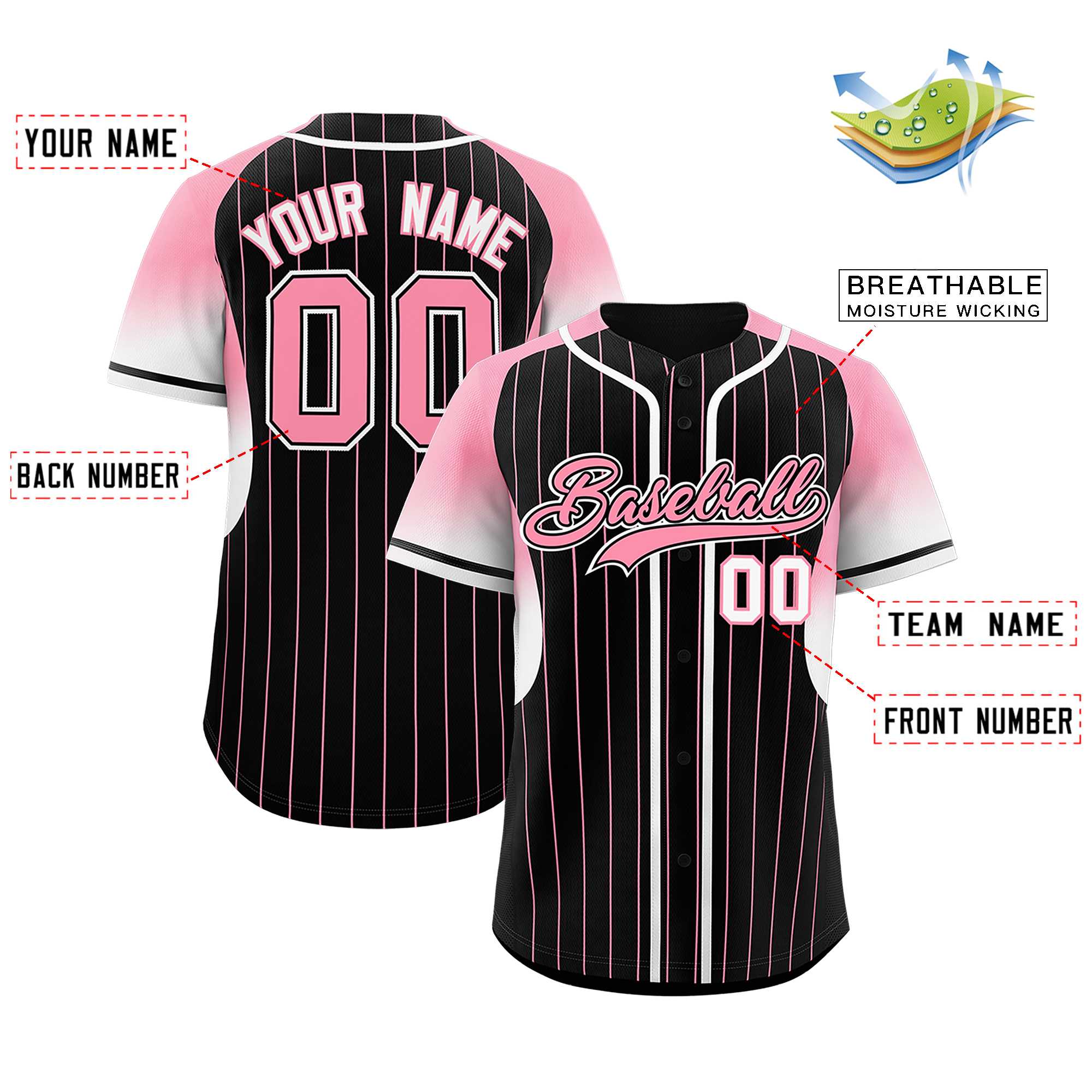 Custom Black Light Pink Stripe Fashion Sleeves Gradient Authentic Baseball Jersey