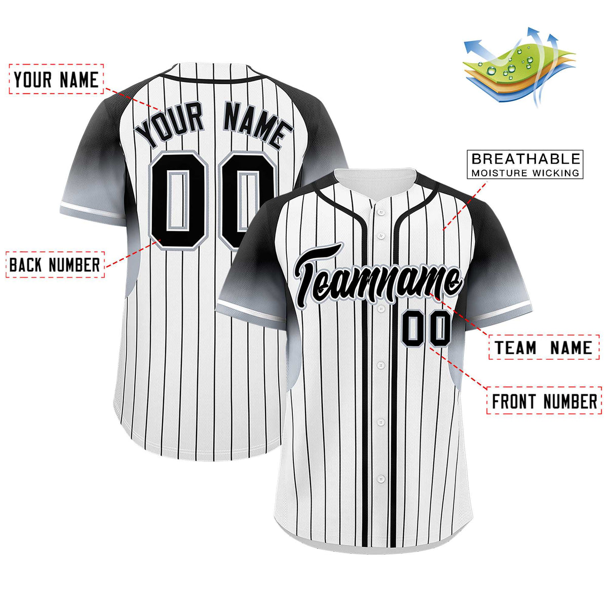 Custom White Black Stripe Fashion Sleeves Gradient Authentic Baseball Jersey