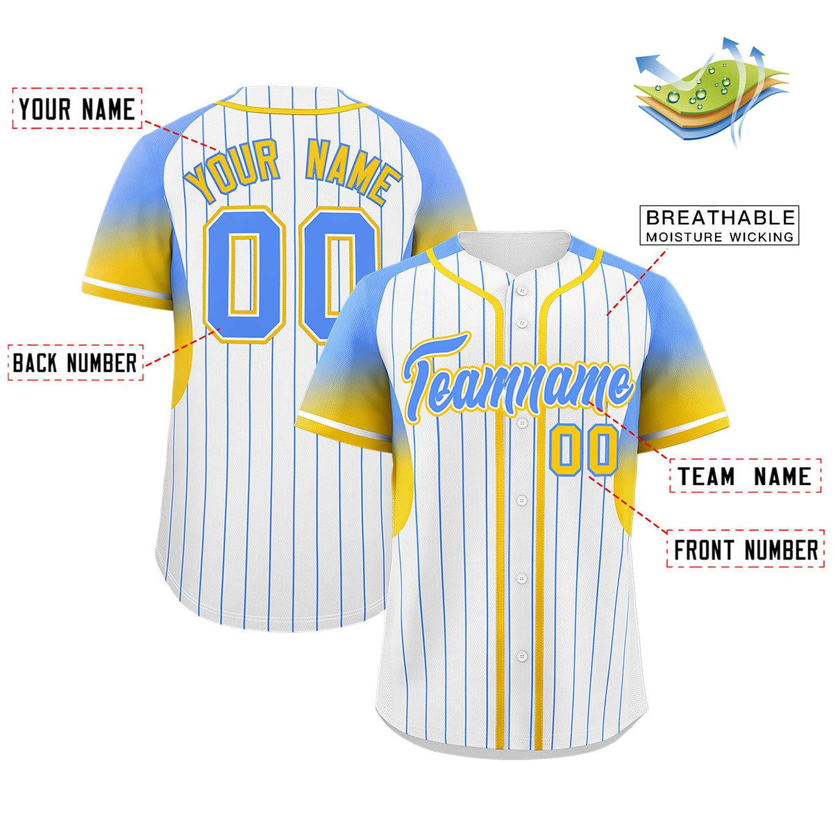 Custom White Powder Blue Stripe Fashion Sleeves Gradient Authentic Baseball Jersey