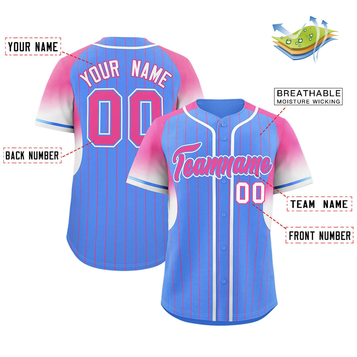 Custom Powder Blue Pink Stripe Fashion Sleeves Gradient Authentic Baseball Jersey