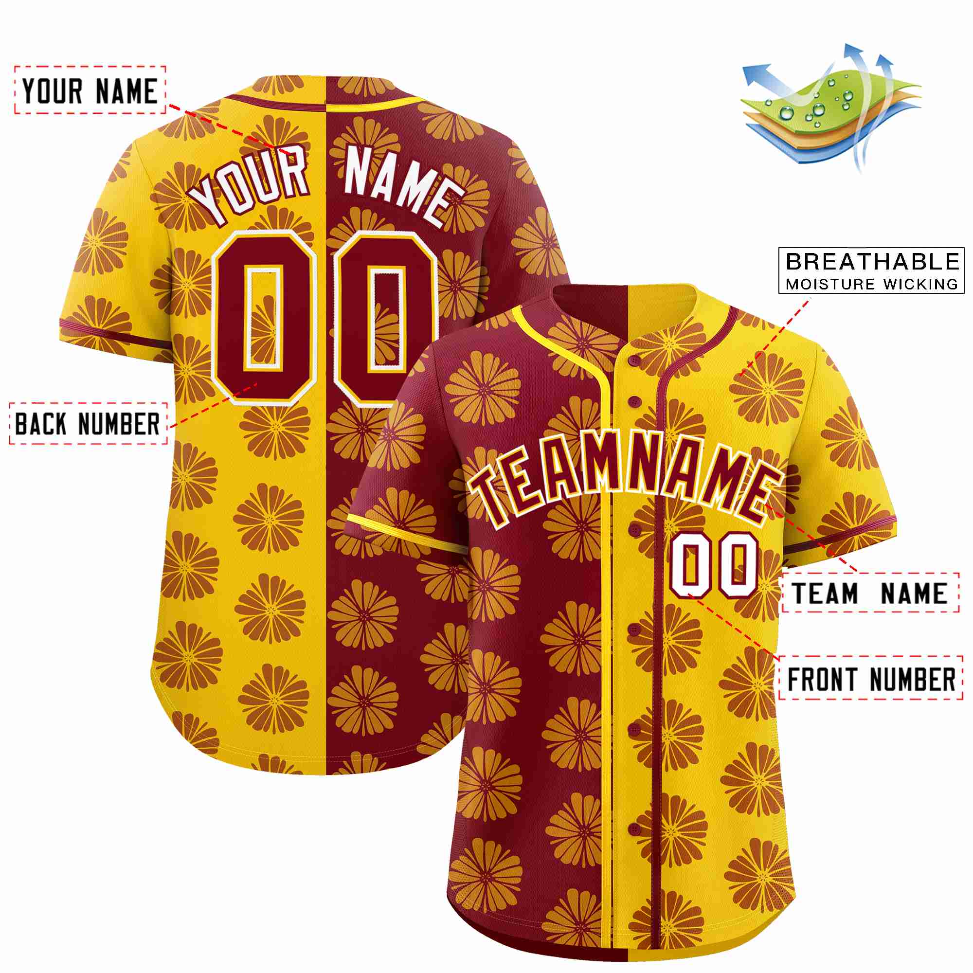 Custom Crimson Gold Split Fashion Flower Graffiti Pattern Authentic Baseball Jersey