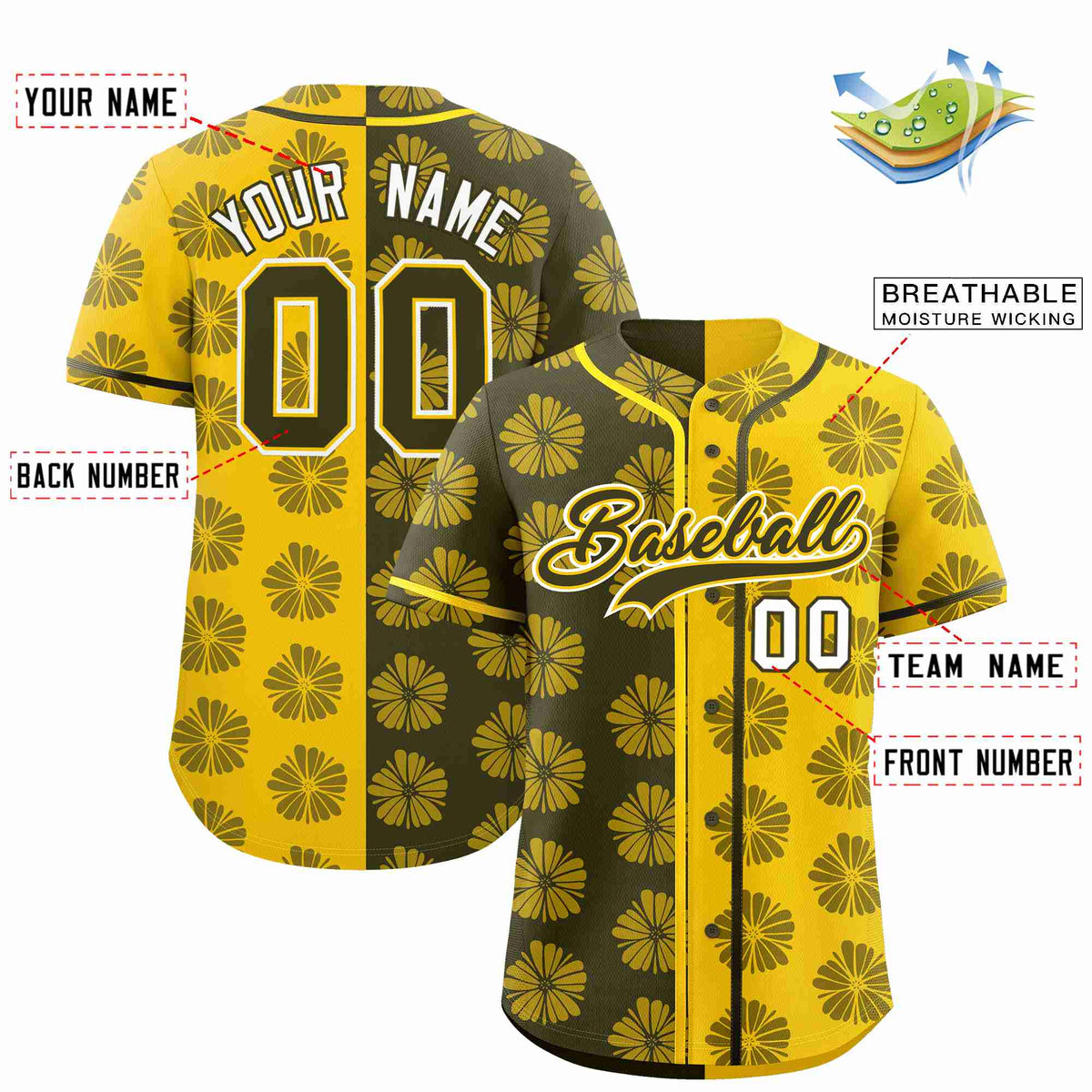 Custom Olive Gold Split Fashion Flower Graffiti Pattern Authentic Baseball Jersey