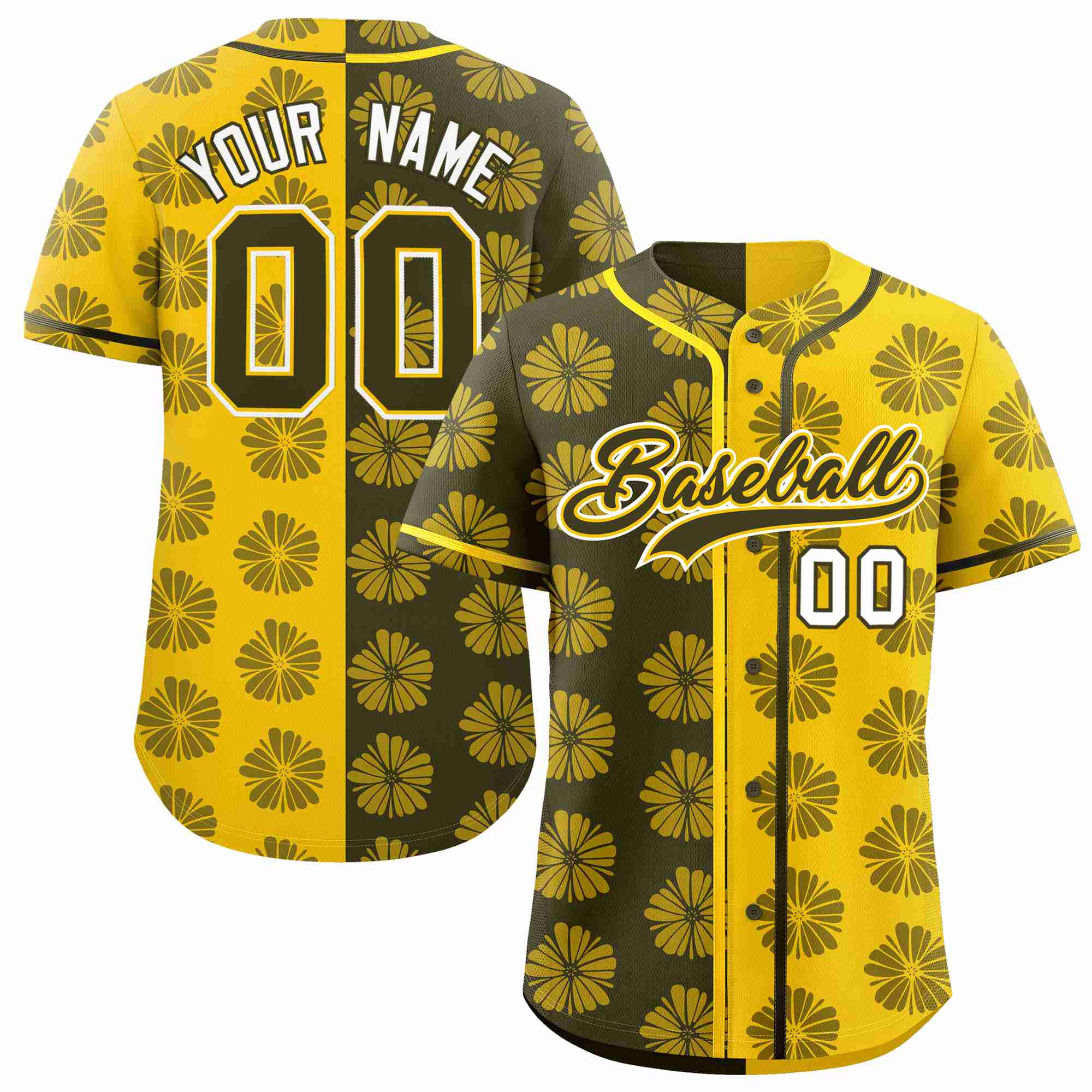 Custom Olive Gold Split Fashion Flower Graffiti Pattern Authentic Baseball Jersey