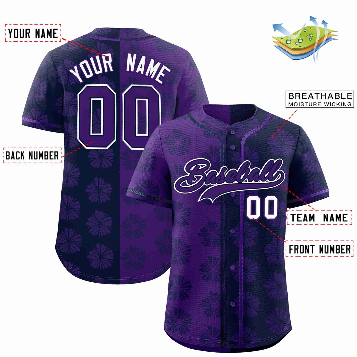 Custom Purple Navy Split Fashion Flower Graffiti Pattern Authentic Baseball Jersey