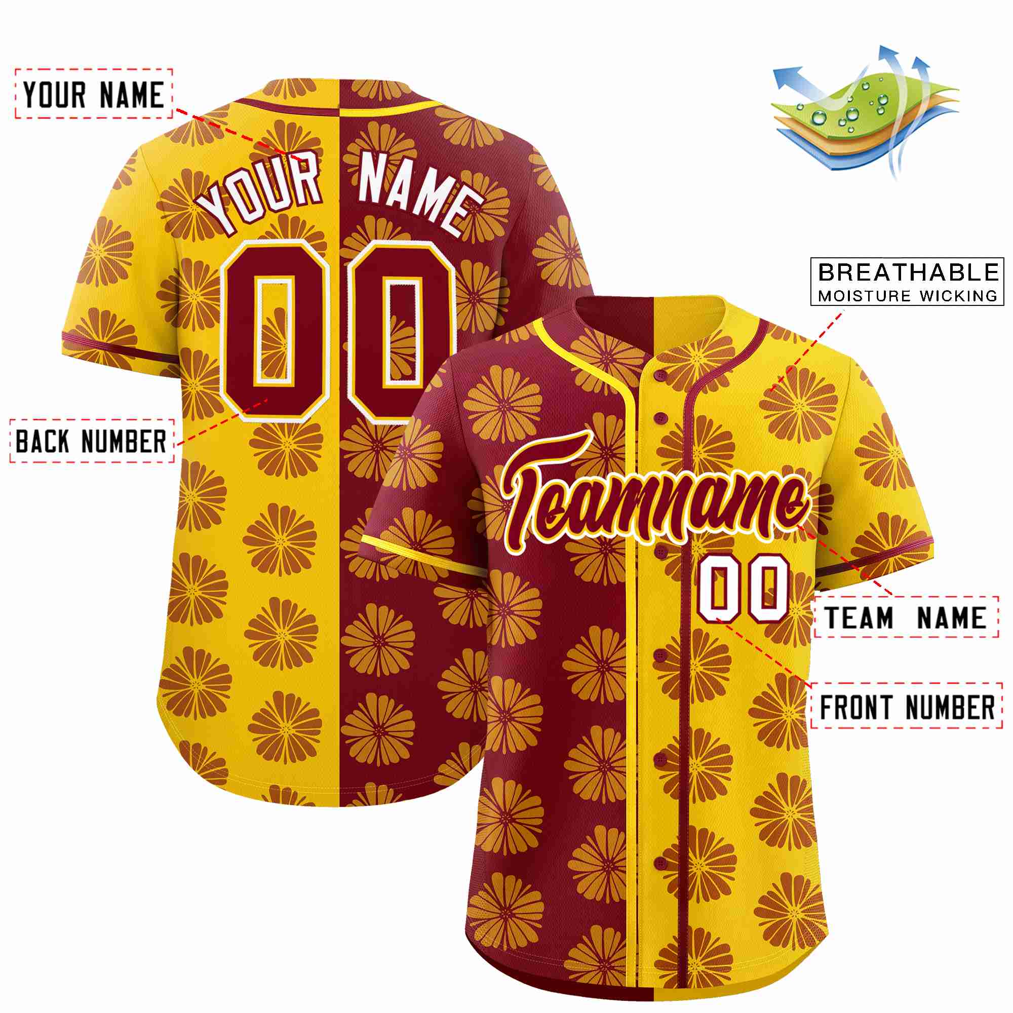 Custom Crimson Gold Split Fashion Flower Graffiti Pattern Authentic Baseball Jersey