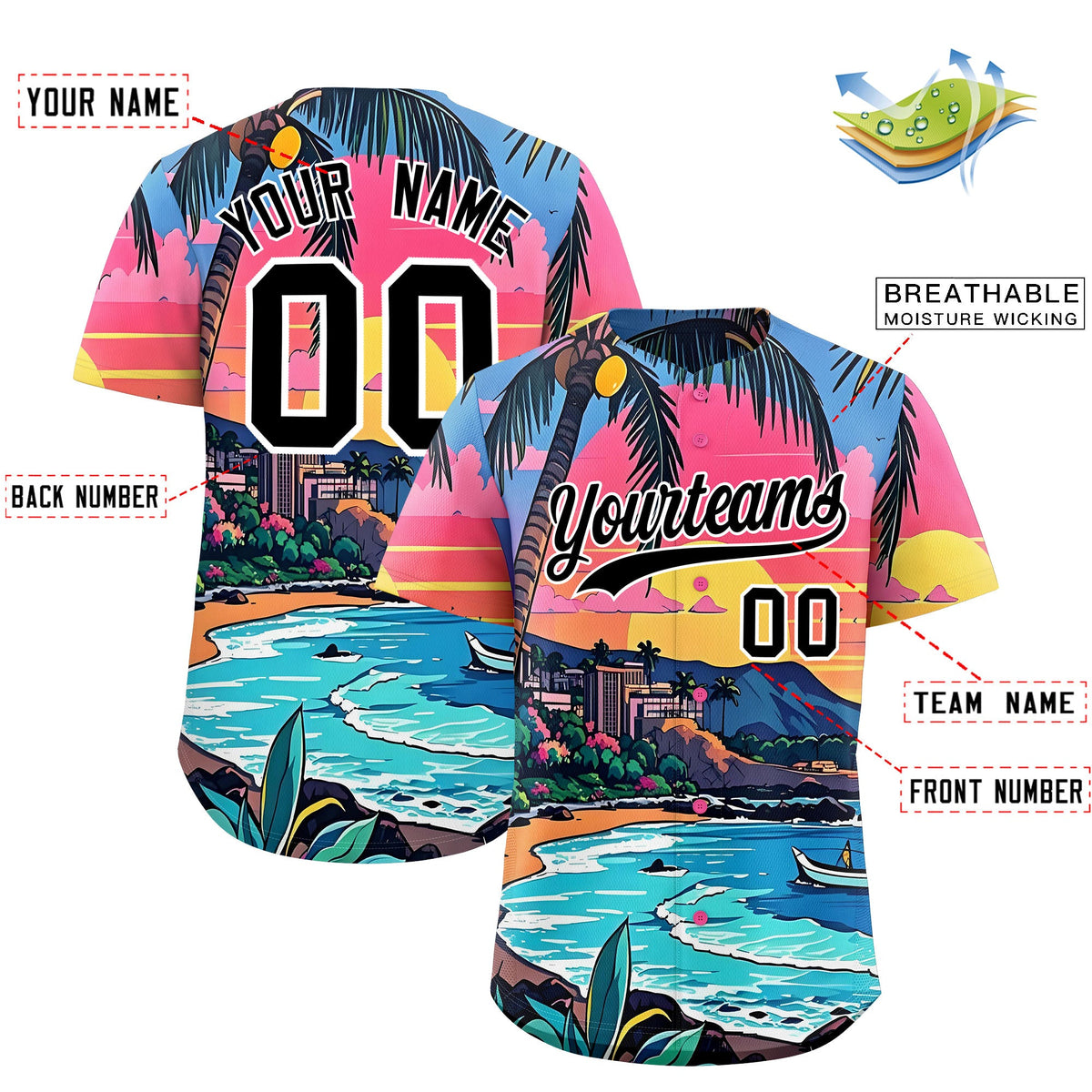 Custom Black White Seaside Palm Tree Pattern Graffiti Hawaiian Style Baseball Jersey| KXKSHOP