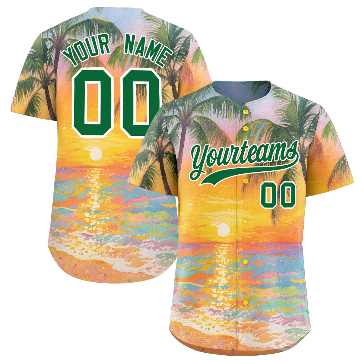 Custom Kelly Green White Sunset Palm Tree Pattern Graffiti Hawaiian Style Baseball Jersey| KXKSHOP