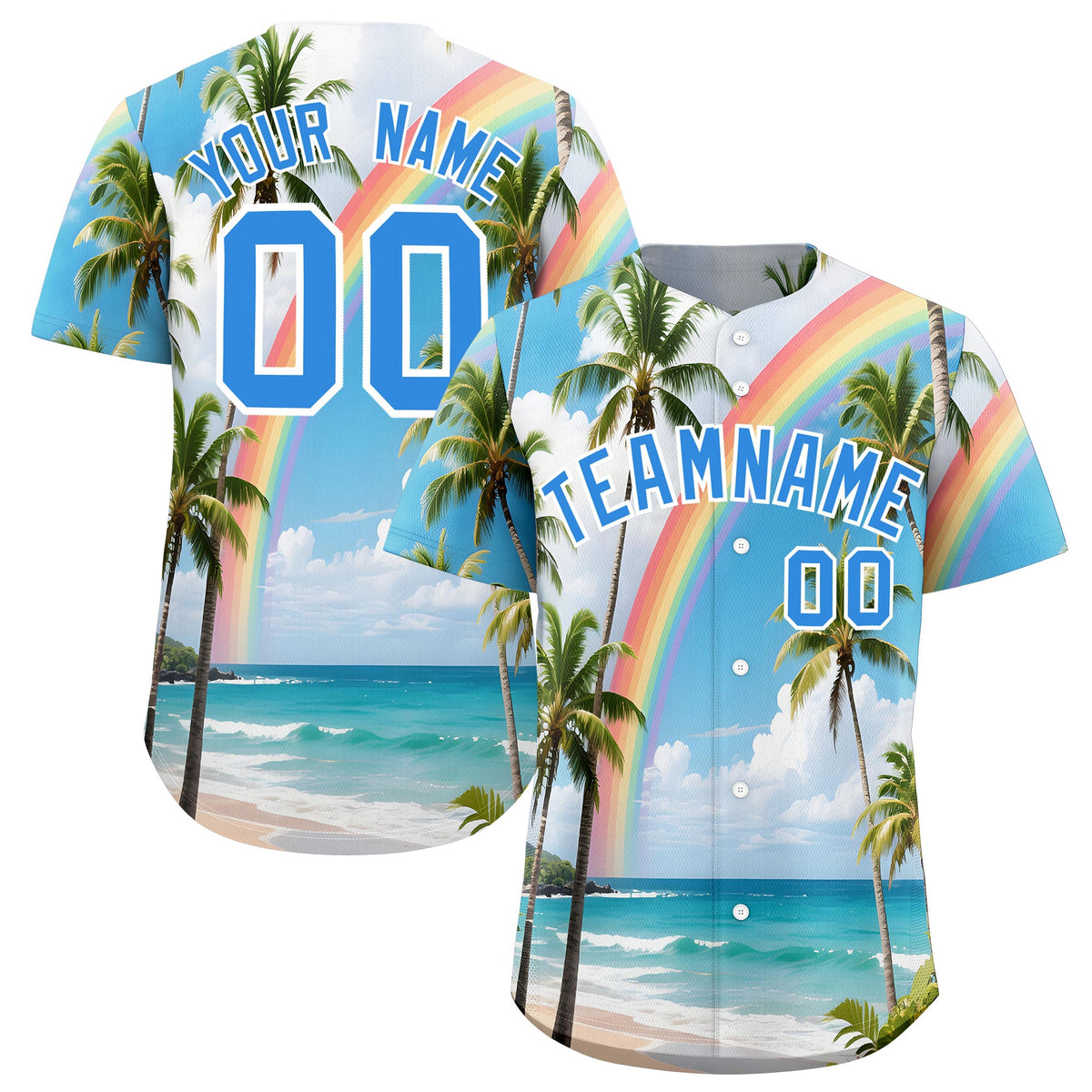 Custom Light Blue White Palm Tree Pattern Graffiti Hawaiian Style Baseball Jersey| KXKSHOP