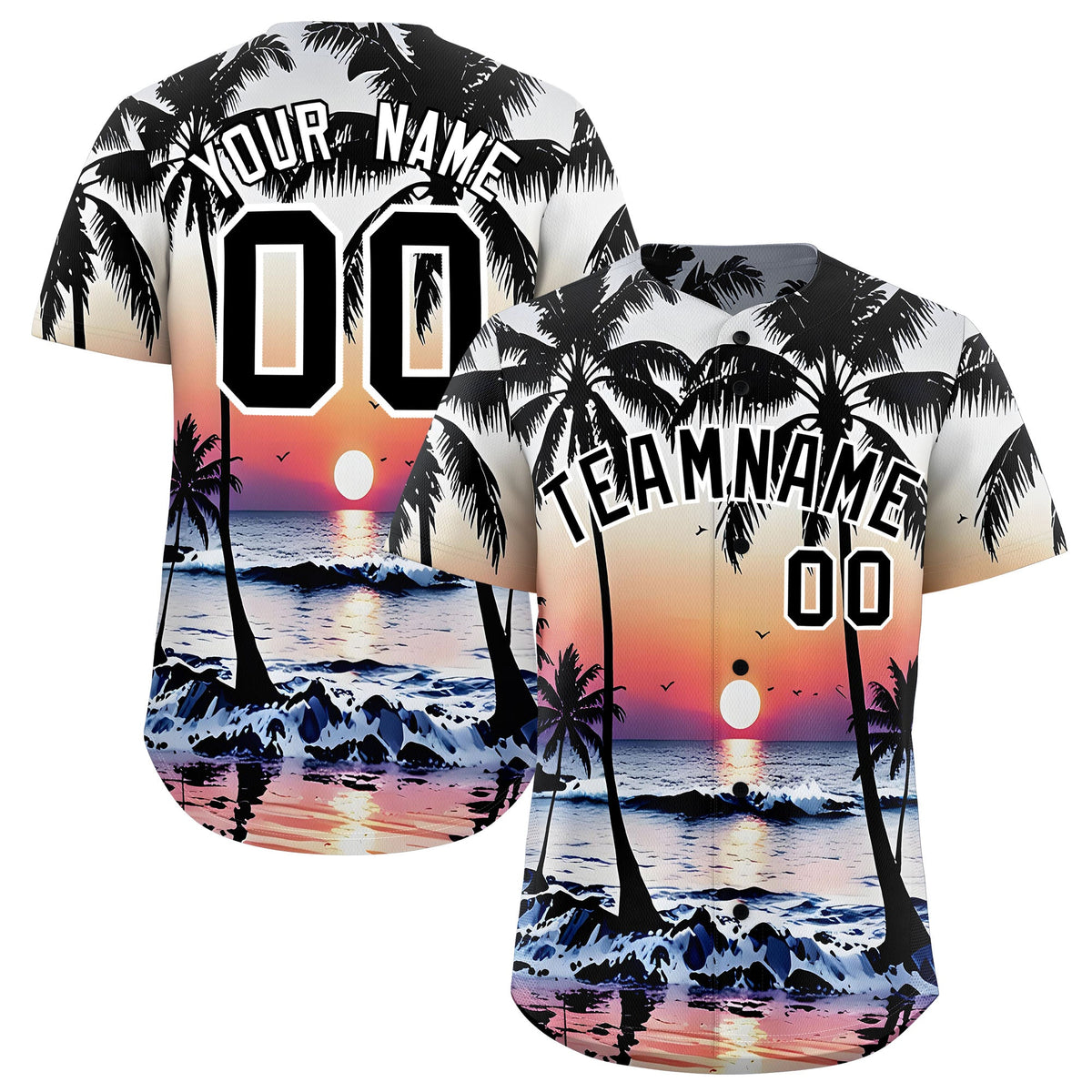 Custom Black White Sunset Palm Tree Pattern Graffiti Hawaiian Style Baseball Jersey| KXKSHOP