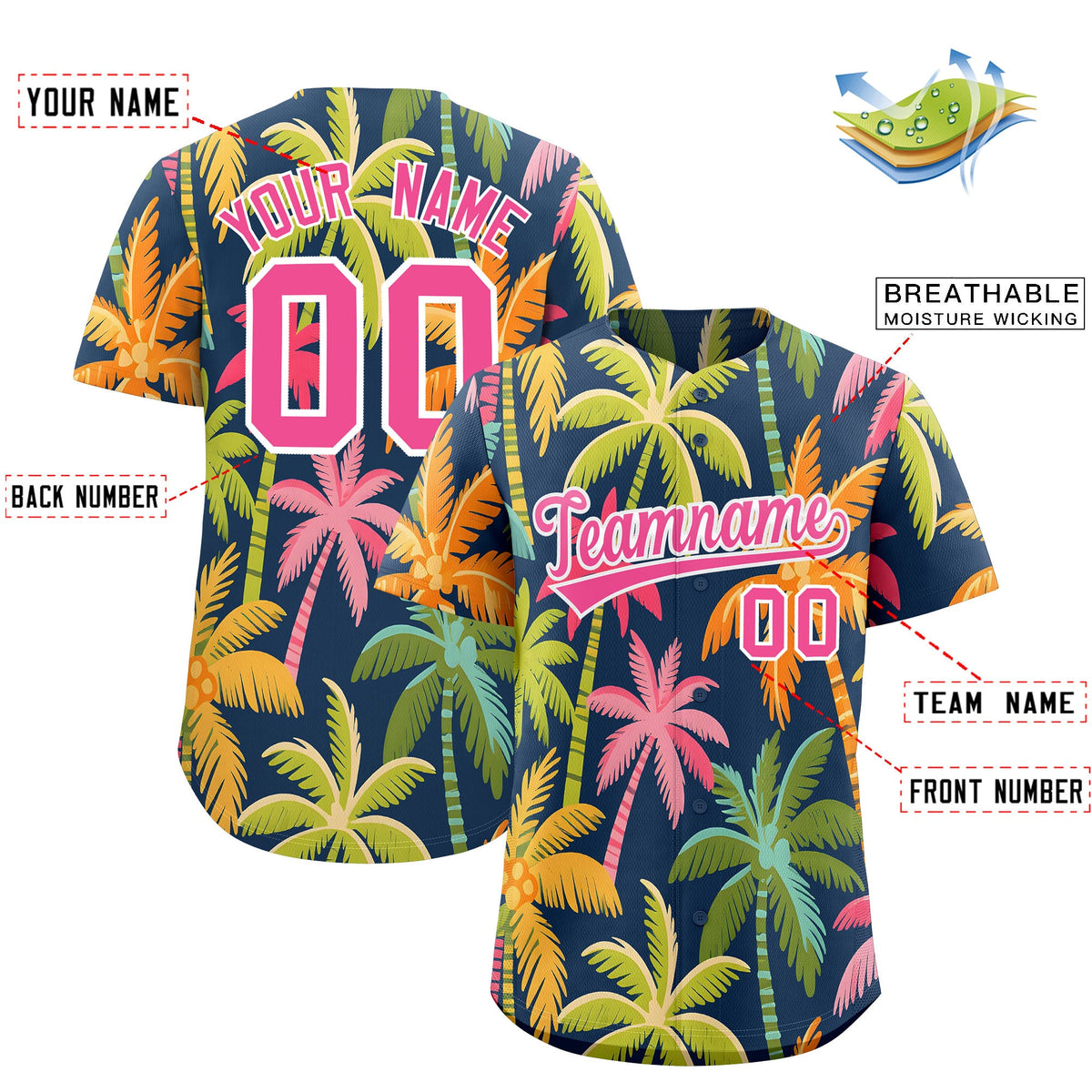 Custom Pink White Palm Tree Pattern Graffiti Hawaiian Style Baseball Jersey| KXKSHOP