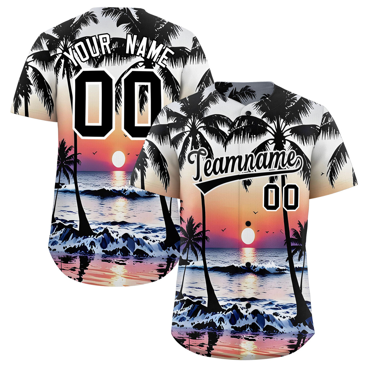 Custom Black White Sunset Palm Tree Pattern Graffiti Hawaiian Style Baseball Jersey| KXKSHOP