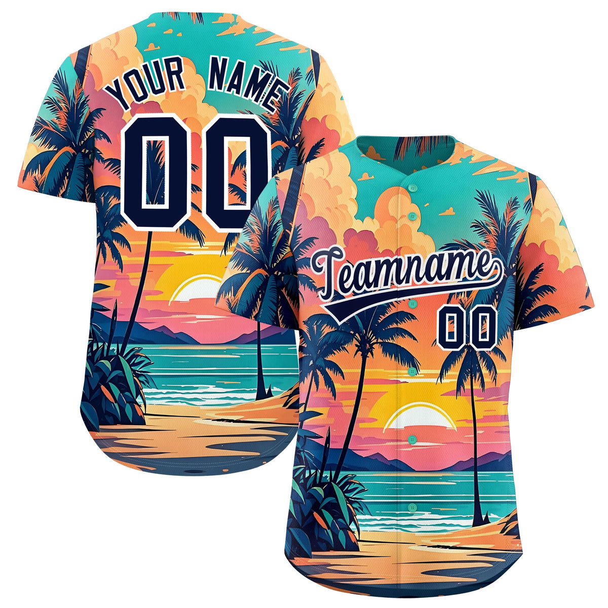 Custom Navy White Sunset Palm Tree Pattern Graffiti Hawaiian Style Baseball Jersey| KXKSHOP