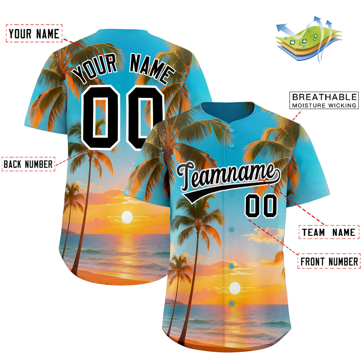 Custom White Black Sunset Palm Tree Pattern Graffiti Hawaiian Style Baseball Jersey| KXKSHOP