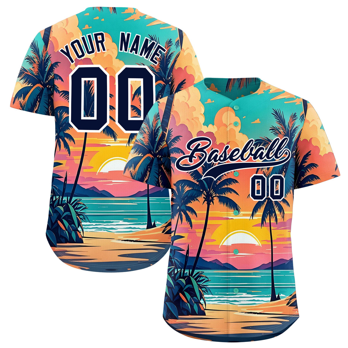 Custom Navy White Sunset Palm Tree Pattern Graffiti Hawaiian Style Baseball Jersey| KXKSHOP