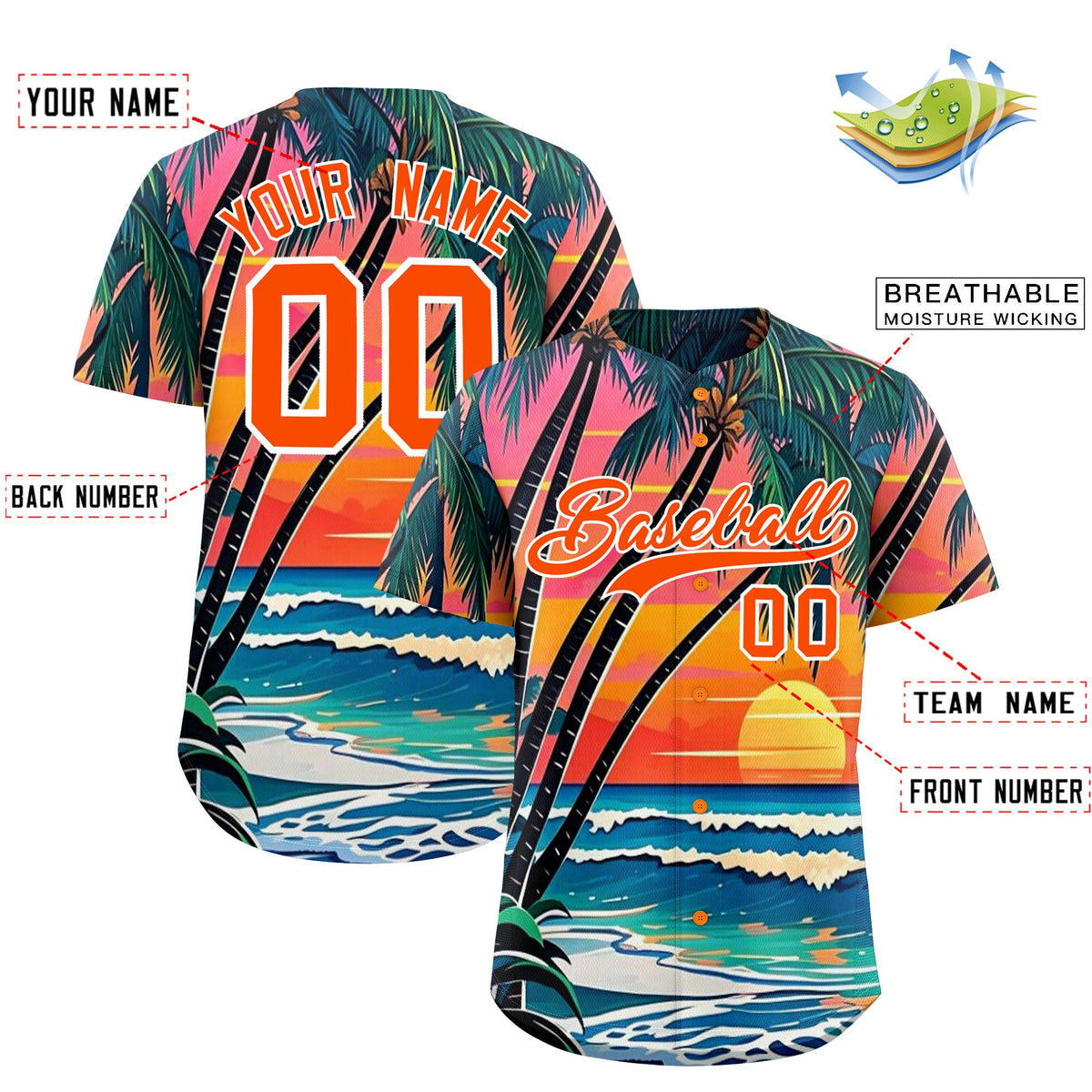 Custom Orange White Palm Tree Pattern Graffiti Hawaiian Style Baseball Jersey| KXKSHOP