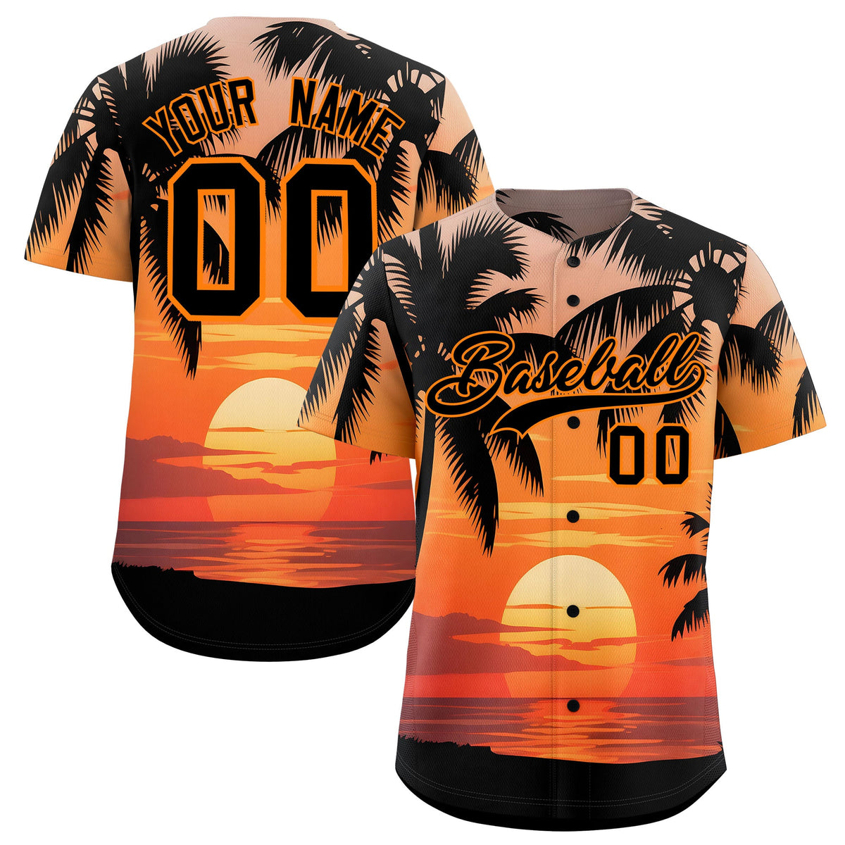 Custom Black Orange Palm Tree Pattern Graffiti Hawaiian Style Baseball Jersey| KXKSHOP