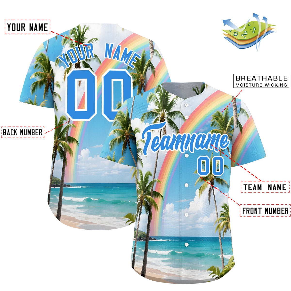 Custom Light Blue White Palm Tree Pattern Graffiti Hawaiian Style Baseball Jersey| KXKSHOP
