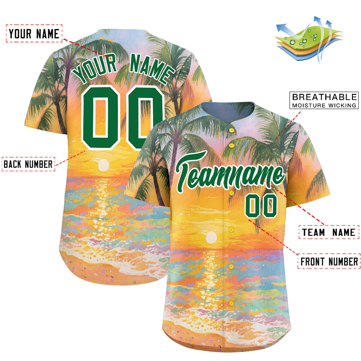 Custom Kelly Green White Sunset Palm Tree Pattern Graffiti Hawaiian Style Baseball Jersey| KXKSHOP