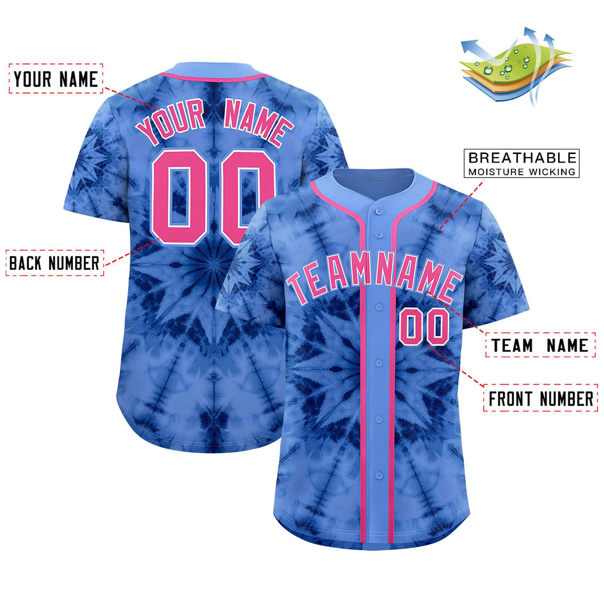 Custom Light Blue Tie-Dye Graffiti Pattern Authentic Baseball Jersey| KXKSHOP