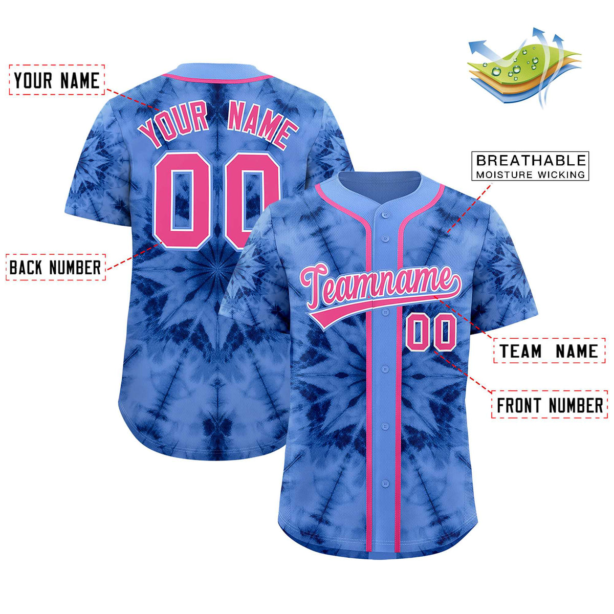 Custom Light Blue Tie-Dye Graffiti Pattern Authentic Baseball Jersey| KXKSHOP