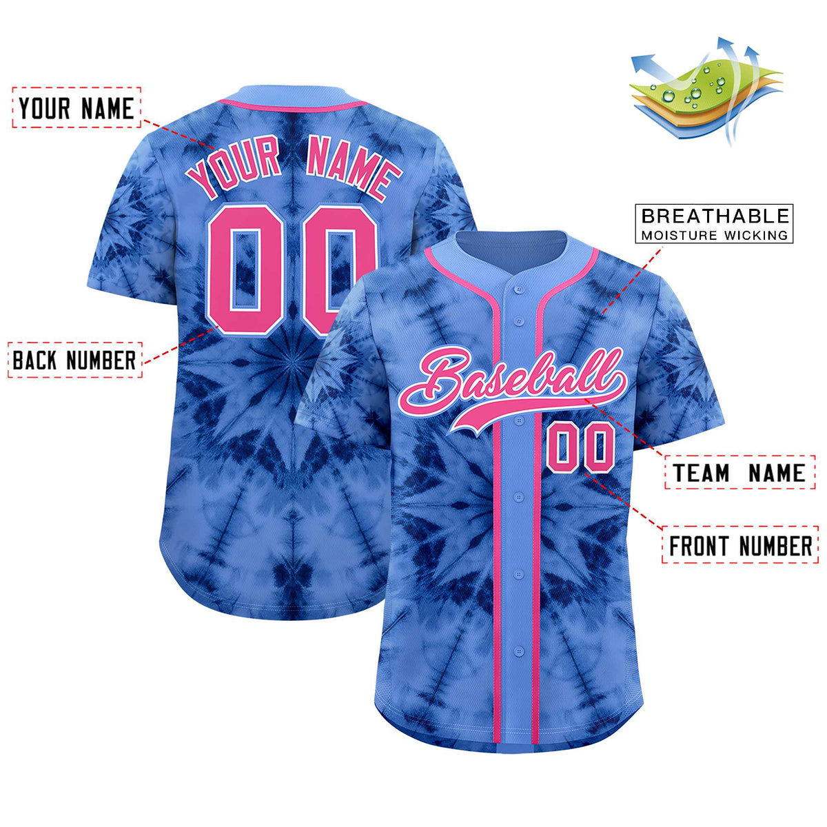 Custom Light Blue Tie-Dye Graffiti Pattern Authentic Baseball Jersey| KXKSHOP