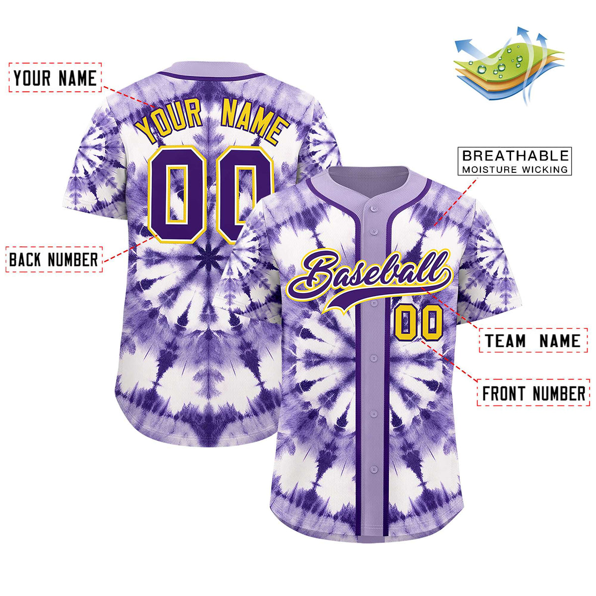 Custom Light Purple Tie-Dye Graffiti Pattern Authentic Baseball Jersey| KXKSHOP