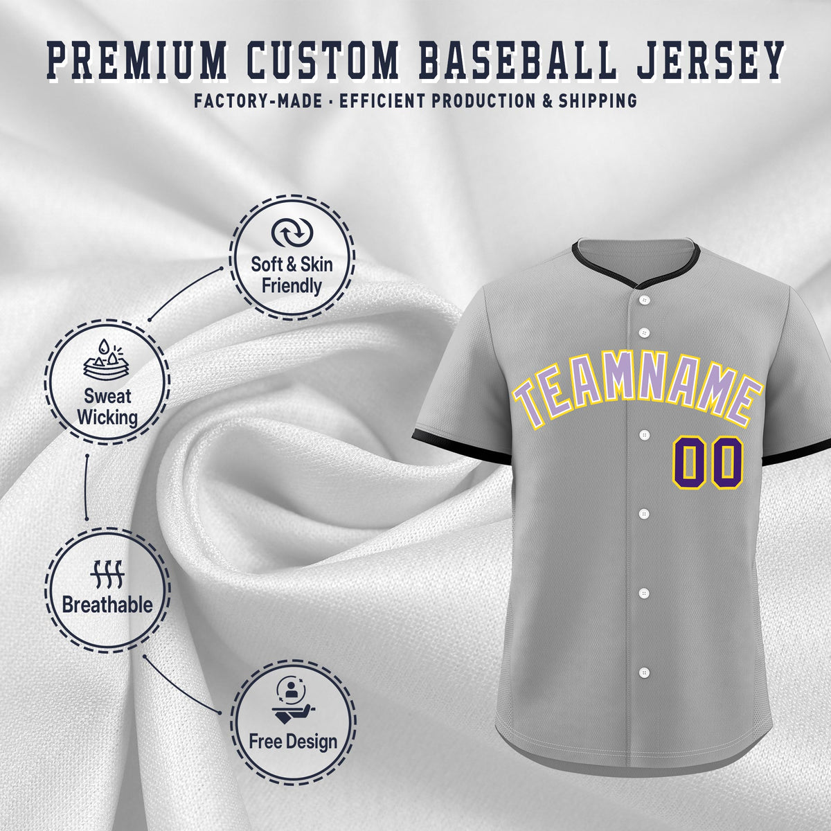 Custom Gray Light Purple White Classic Style Stitched Sports Uniform For Men Women Youth Personalized Quick Dry Baseball Jersey| KXKSHOP