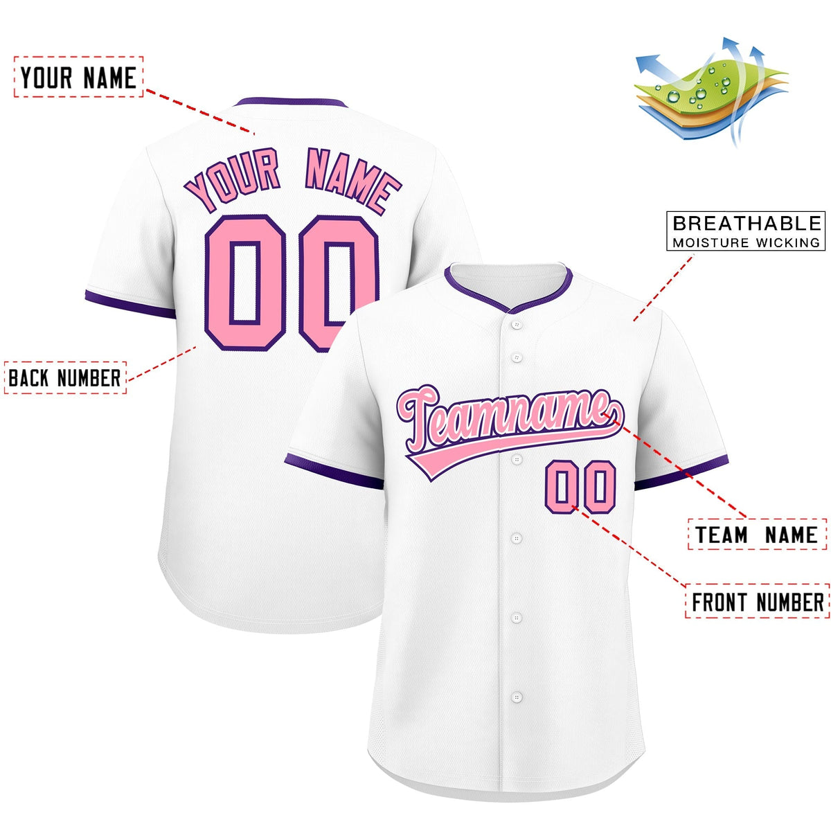 Custom White Light Pink Purple Classic Style Stitched Sports Uniform For Men Women Youth Personalized Quick Dry Baseball Jersey| KXKSHOP
