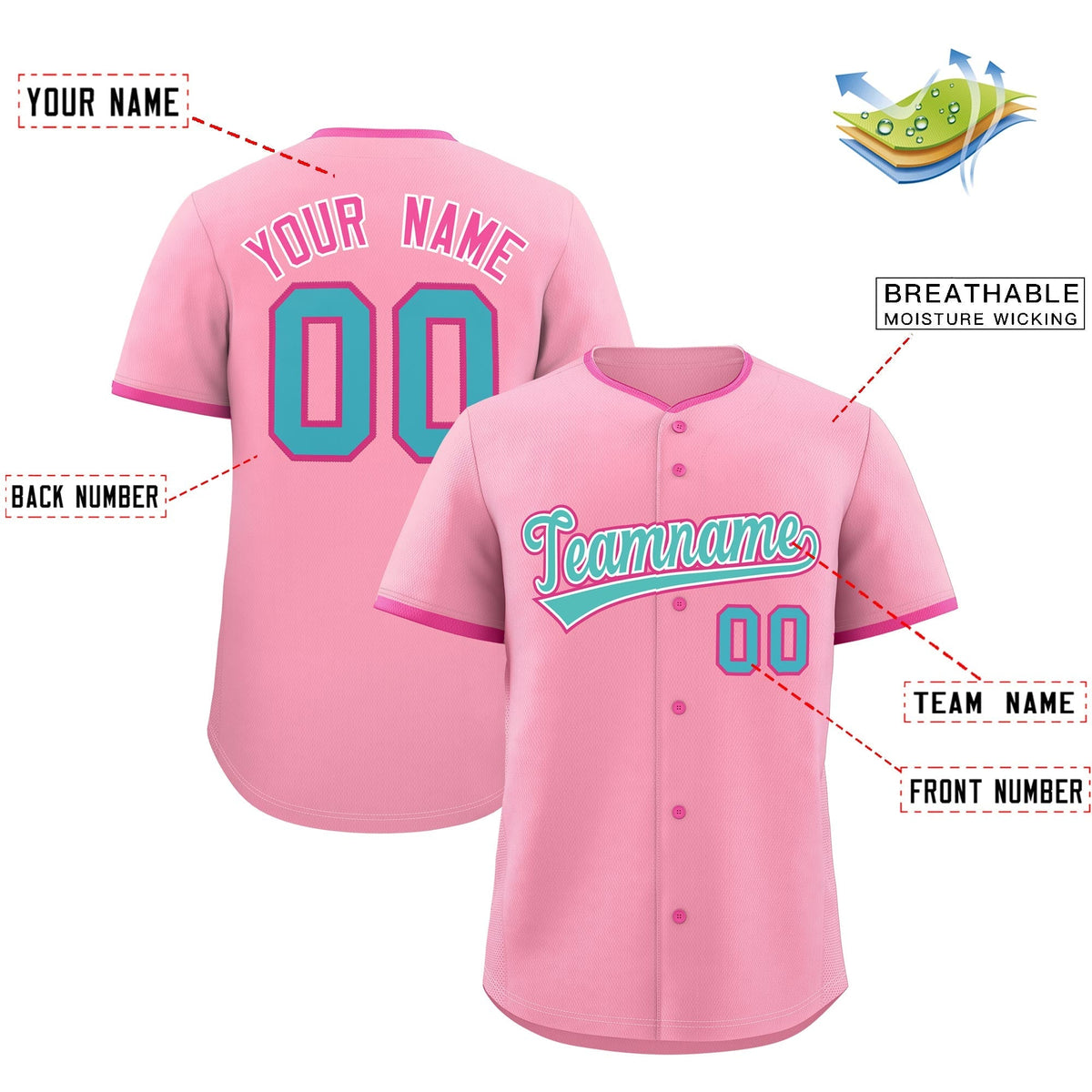 Custom Light Pink Rose Red Teal Classic Style Stitched Sports Uniform For Men Women Youth Personalized Quick Dry Baseball Jersey| KXKSHOP