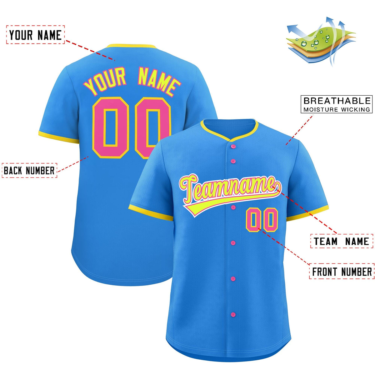 Custom Light Blue Fluorescent Green Pink Classic Style Stitched Sports Uniform For Men Women Youth Personalized Lightweight Baseball Jersey| KXKSHOP