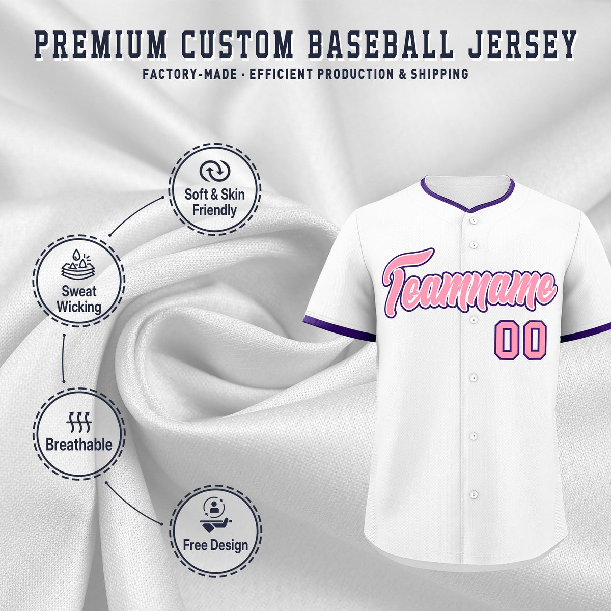 Custom White Light Pink Purple Classic Style Stitched Sports Uniform For Men Women Youth Personalized Quick Dry Baseball Jersey| KXKSHOP