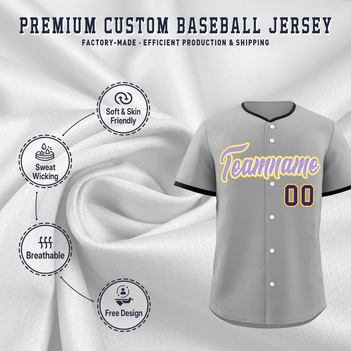 Custom Gray Light Purple White Classic Style Stitched Sports Uniform For Men Women Youth Personalized Quick Dry Baseball Jersey| KXKSHOP