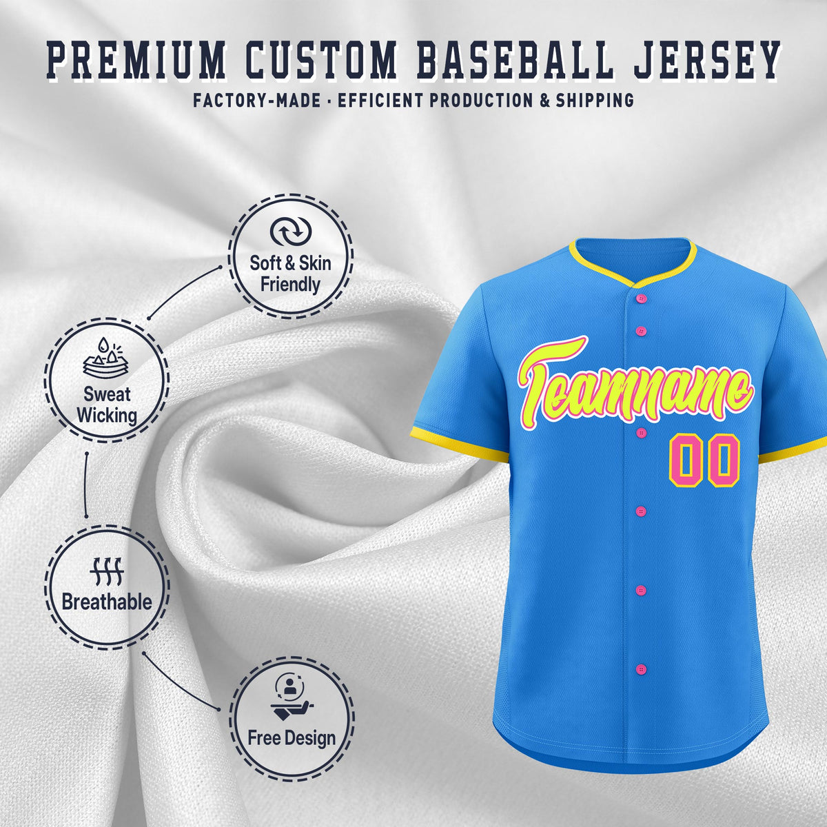 Custom Light Blue Fluorescent Green Pink Classic Style Stitched Sports Uniform For Men Women Youth Personalized Lightweight Baseball Jersey| KXKSHOP