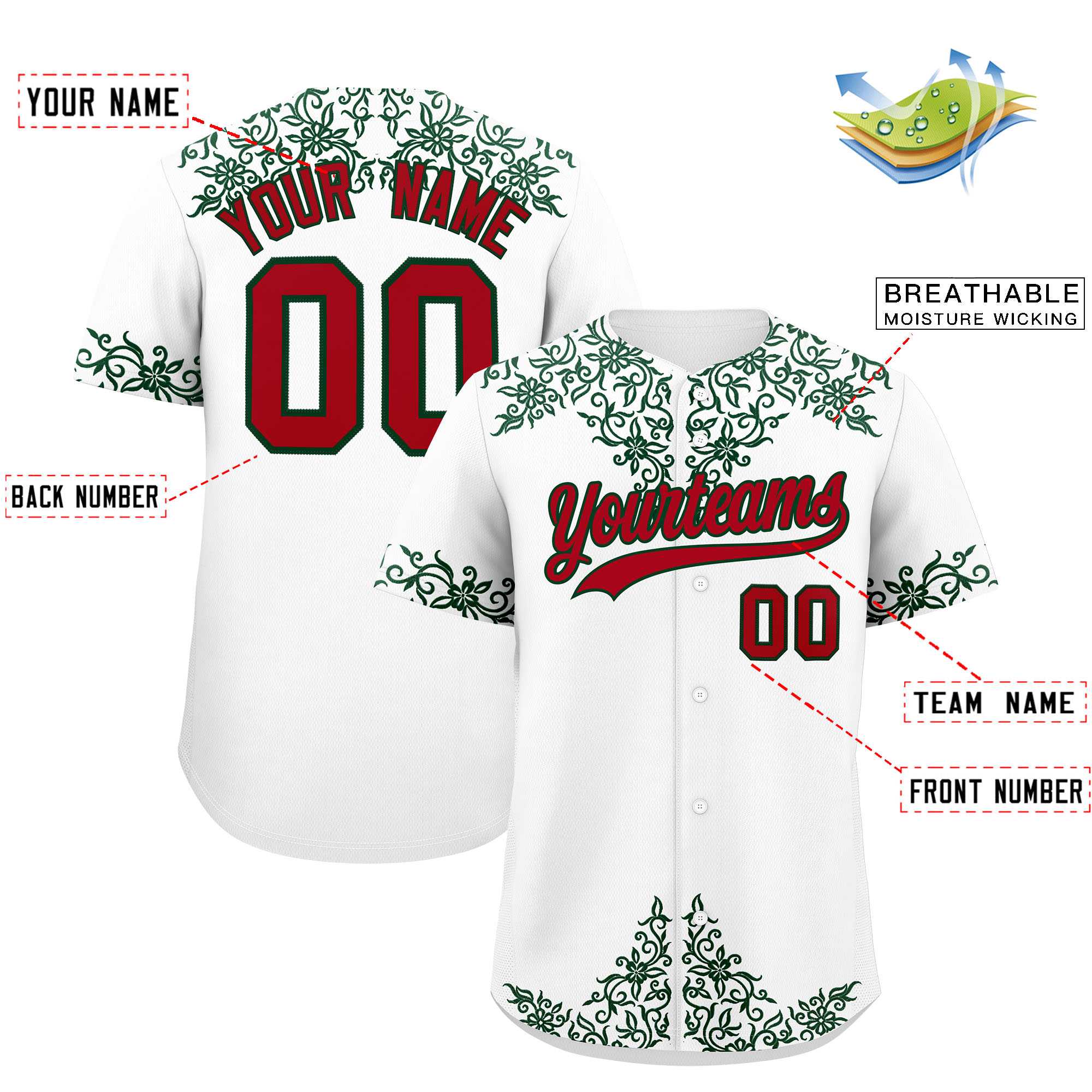 Custom White Green Baroque Style Personalized Baseball Jersey| KXKSHOP