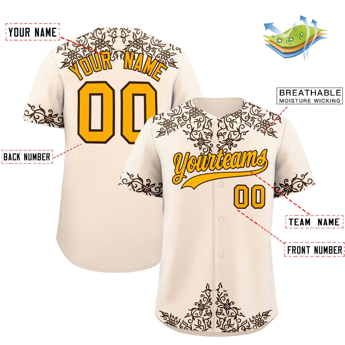 Custom Cream Brown Baroque Style Personalized Baseball Jersey| KXKSHOP