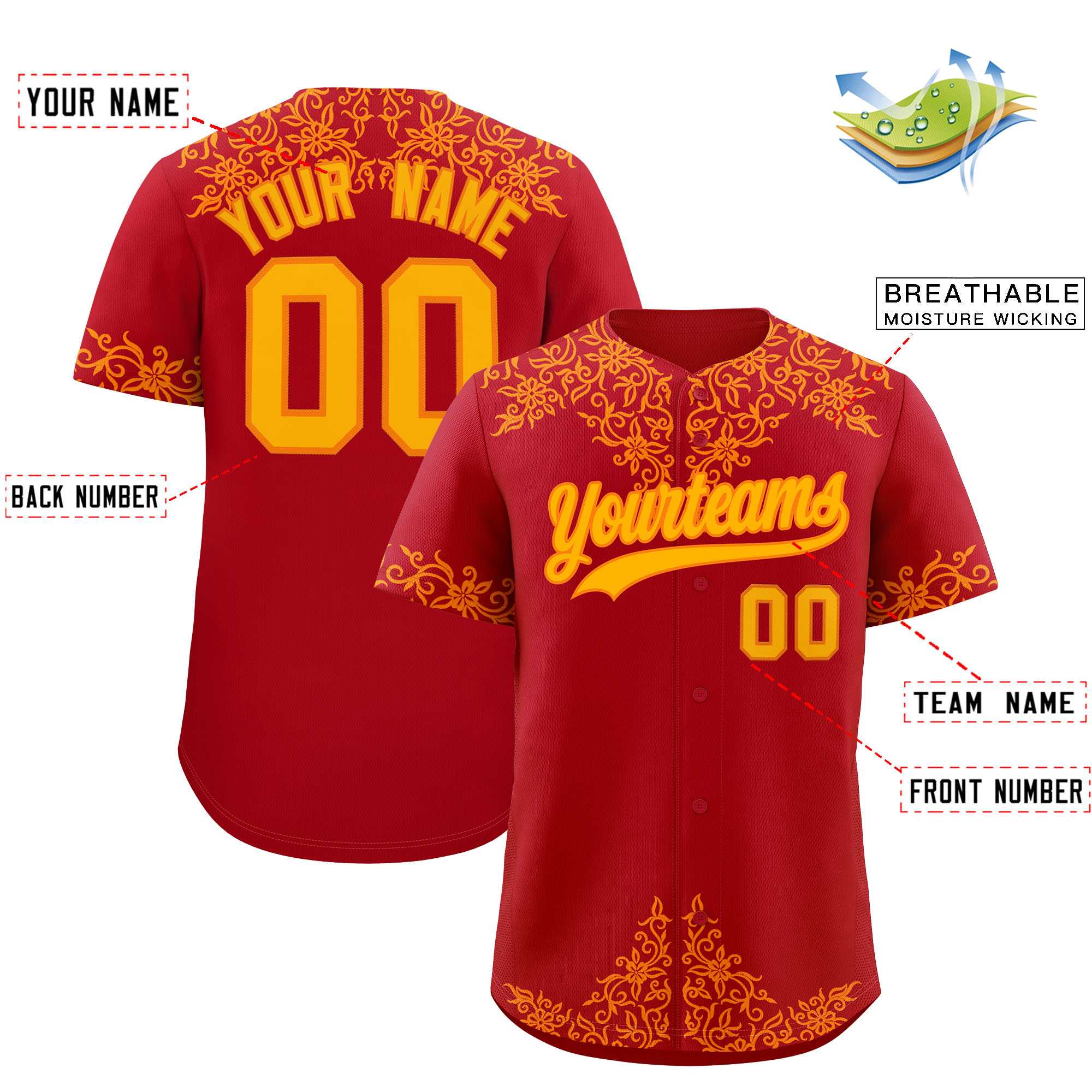 Custom Red Yellow Baroque Style Personalized Baseball Jersey| KXKSHOP