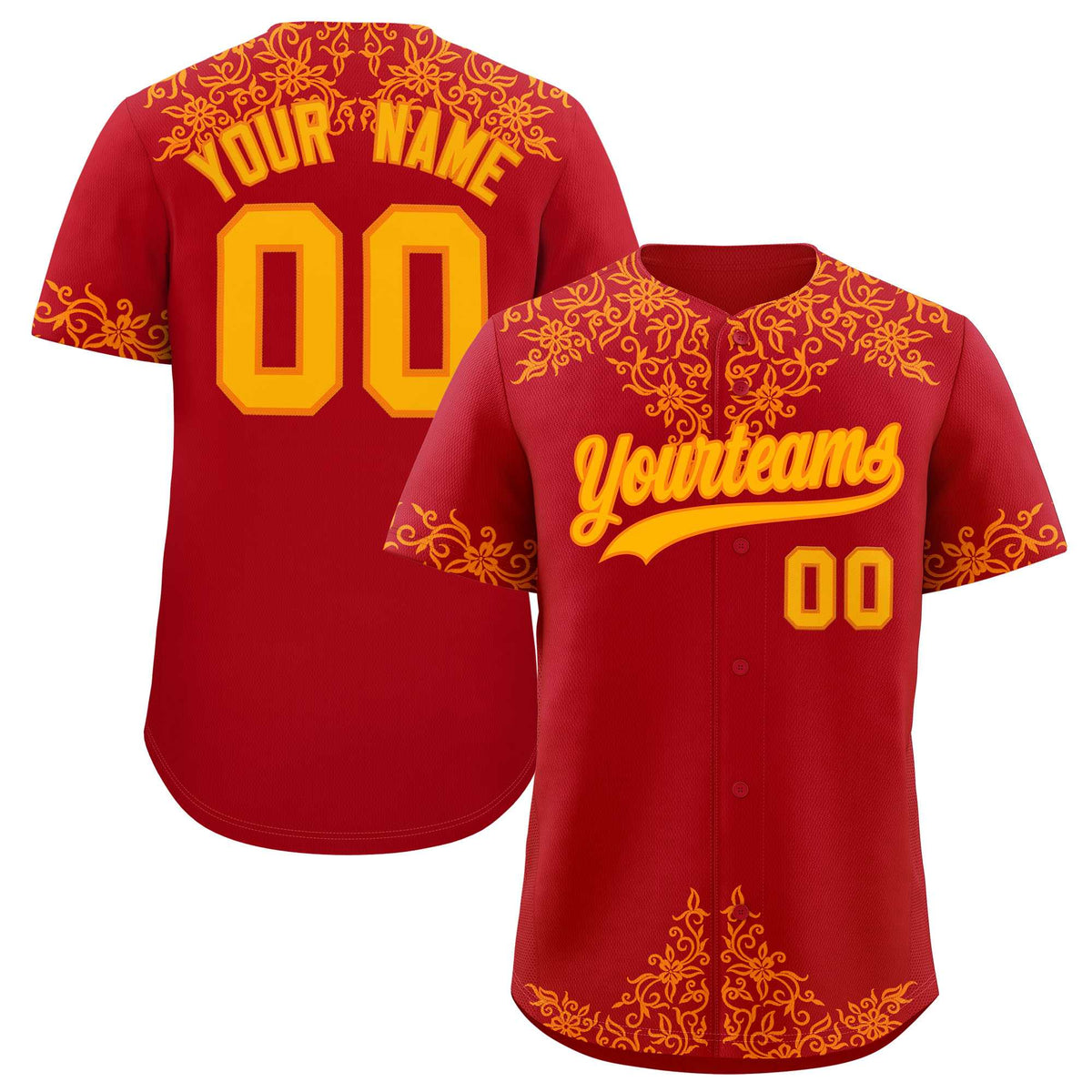 Custom Red Yellow Baroque Style Personalized Baseball Jersey| KXKSHOP