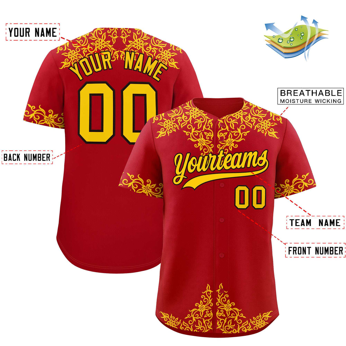 Custom Red Gold Baroque Style Personalized Baseball Jersey| KXKSHOP
