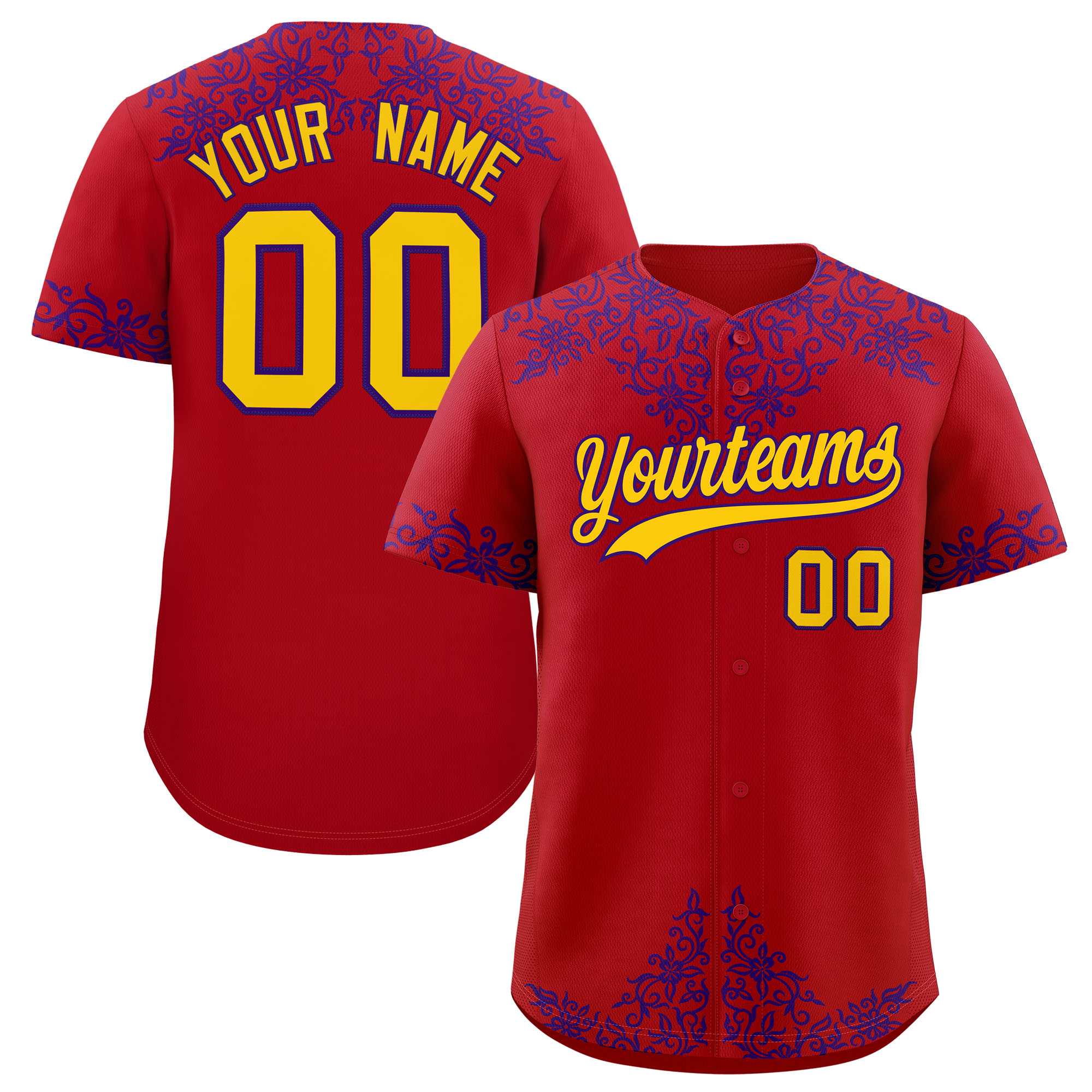 Custom Red Purple Baroque Style Personalized Baseball Jersey| KXKSHOP
