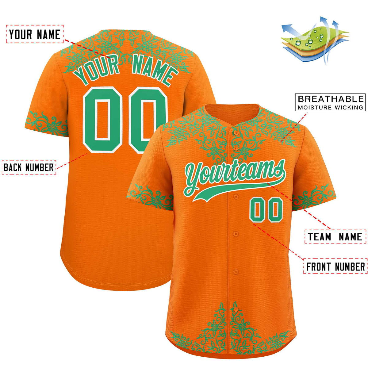 Custom Orange Bright Green Baroque Style Personalized Baseball Jersey| KXKSHOP